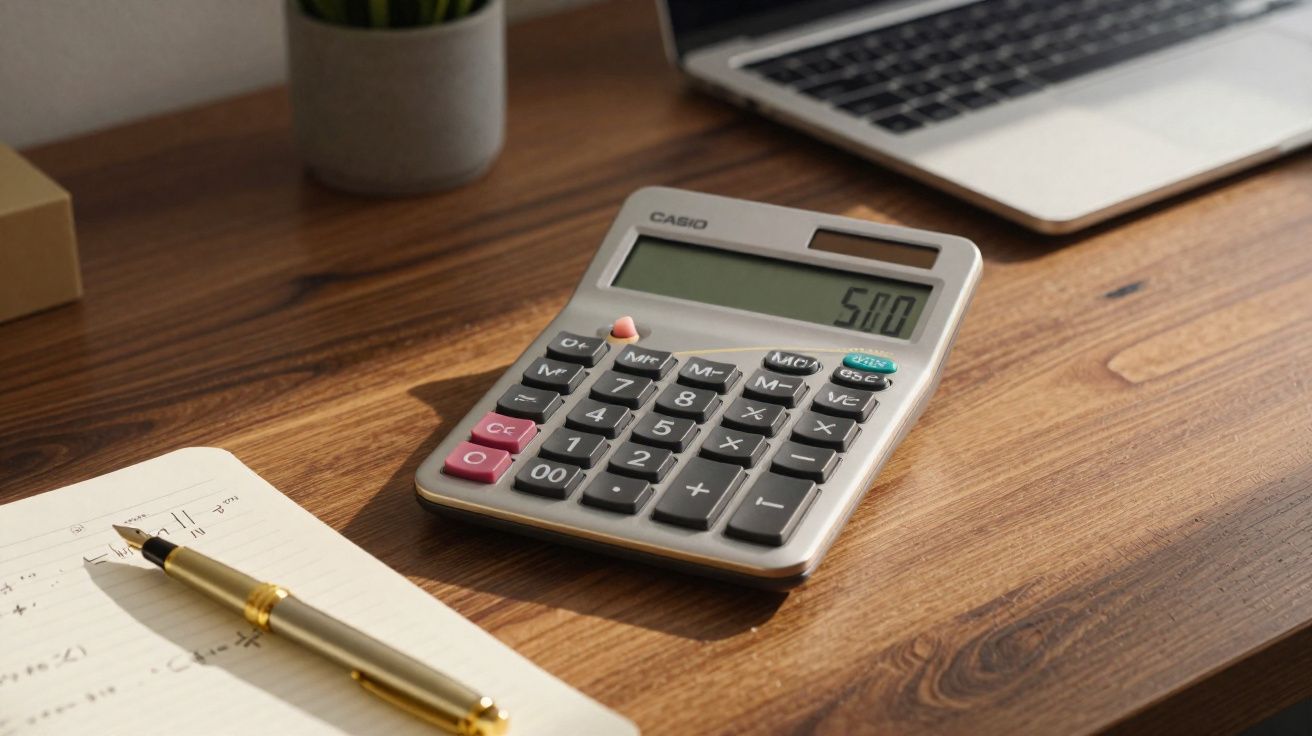 Calculadora Casio com valor 5.00 numa secretária de madeira ao lado de um caderno e uma caneta dourada.