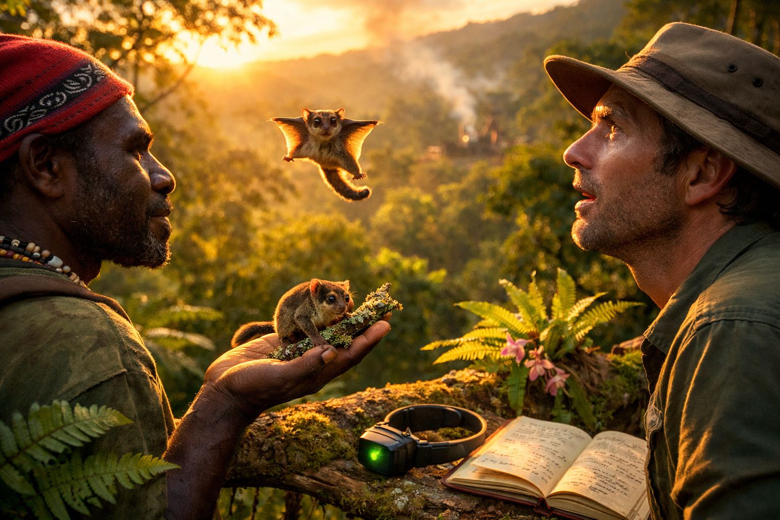 Dois homens observam pequenos animais voadores numa floresta iluminada pelo sol ao pôr do sol.