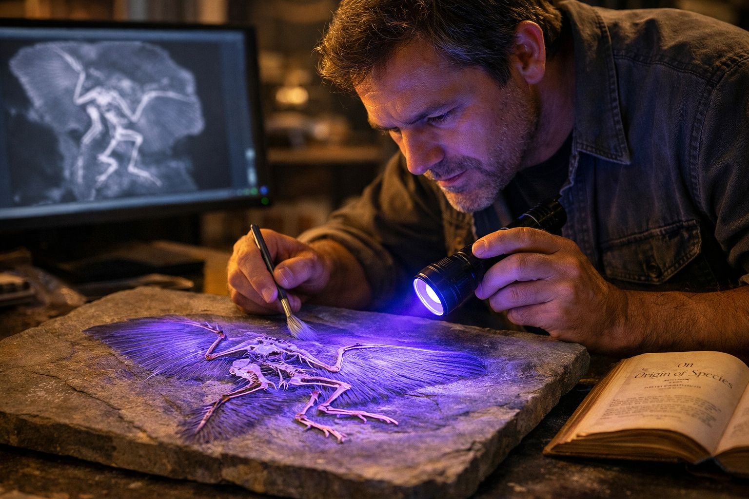 Homem a examinar fóssil de uma ave com luz ultravioleta, pincel e livro aberto numa mesa.