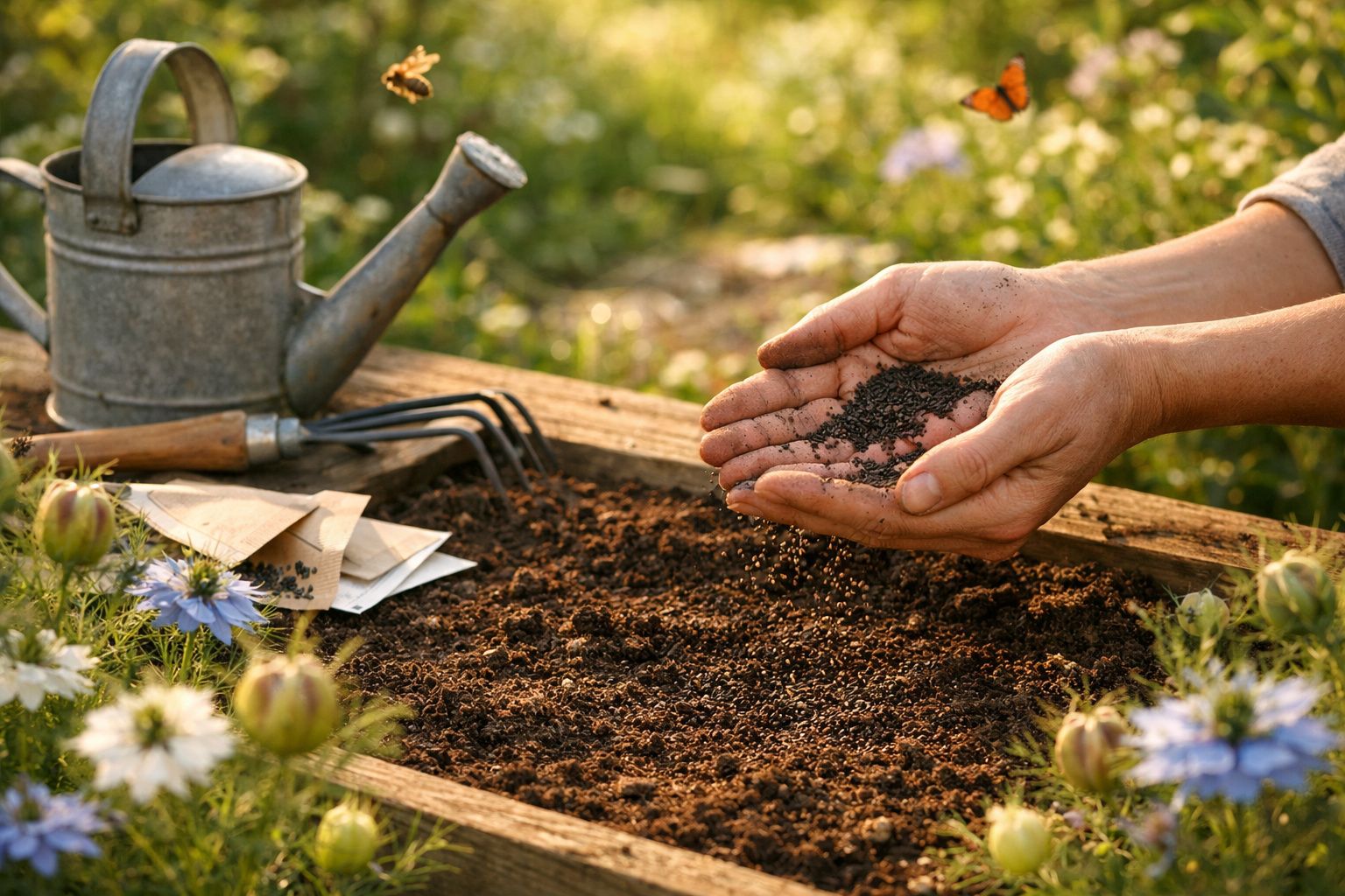 Mãos a semear sementes em terra de um canteiro com regador, enxadinha e flores ao redor.