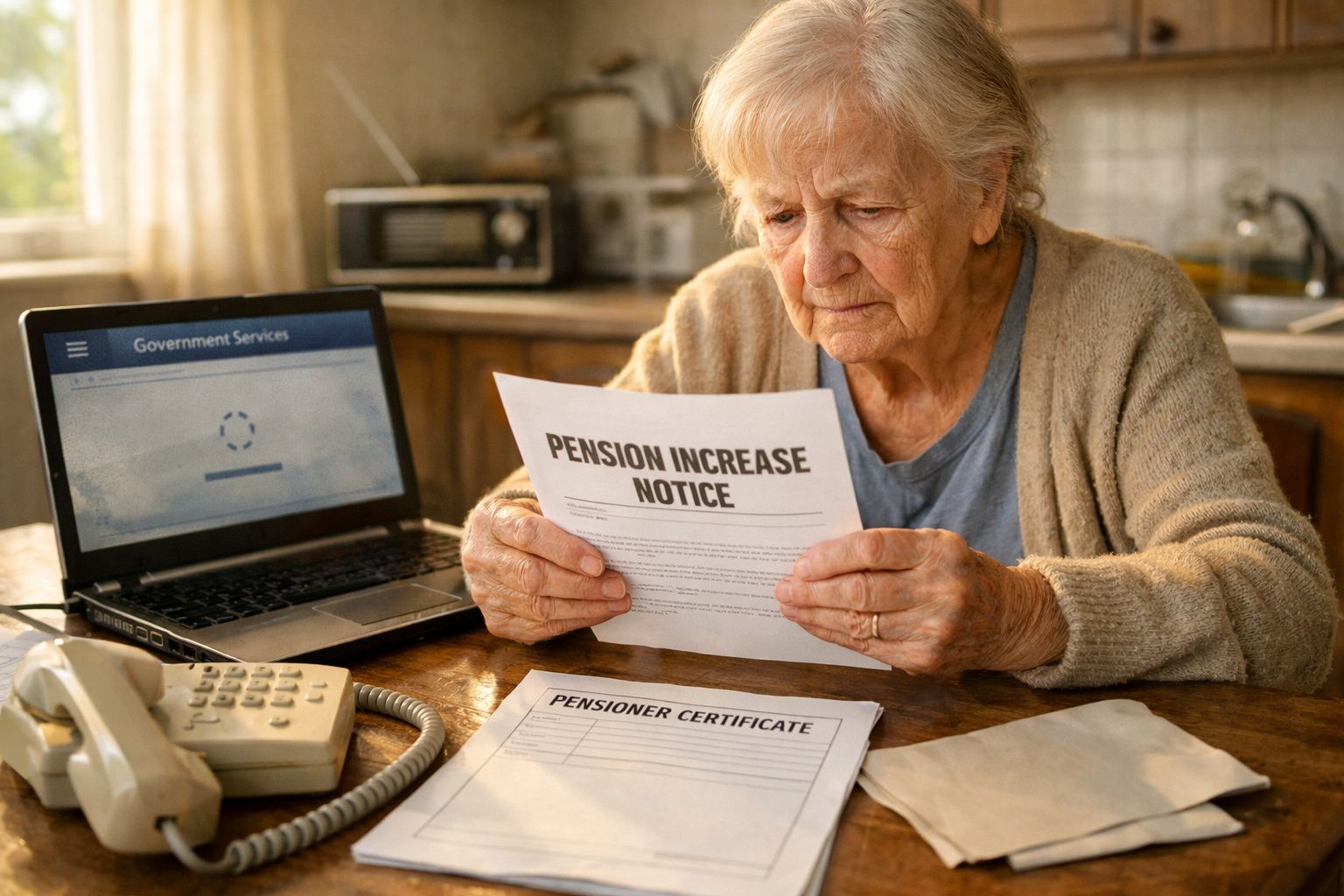Idosa preocupada a ler um aviso de aumento de pensão numa mesa com computador e documentos.