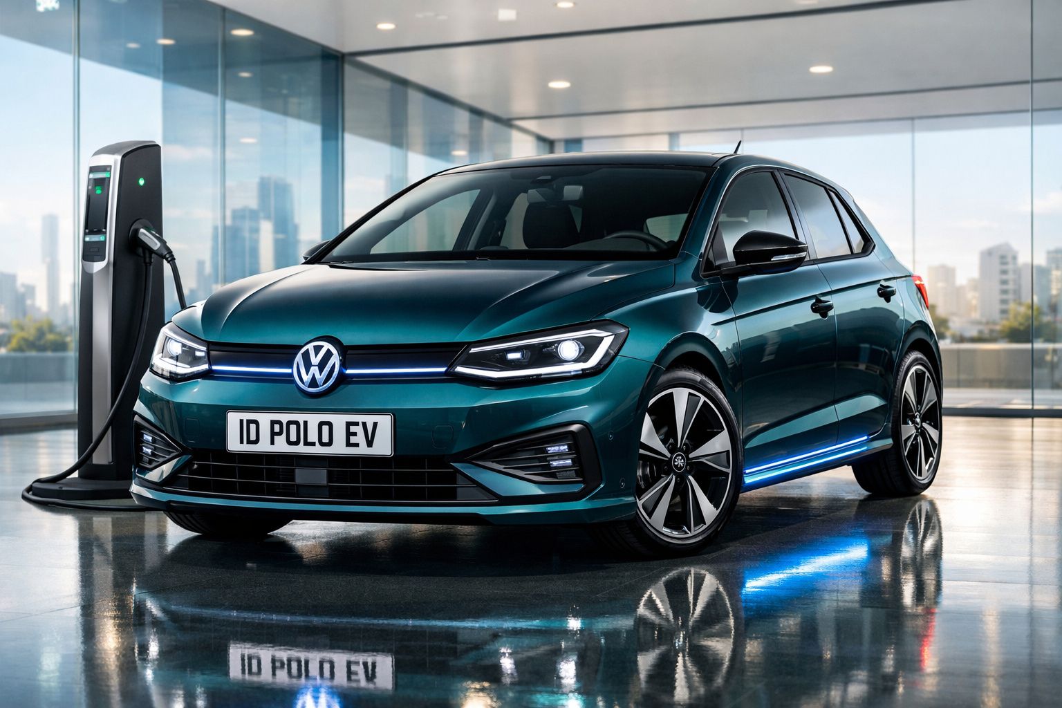 Carro elétrico Volkswagen ID Polo EV a carregar numa estação num ambiente urbano moderno.