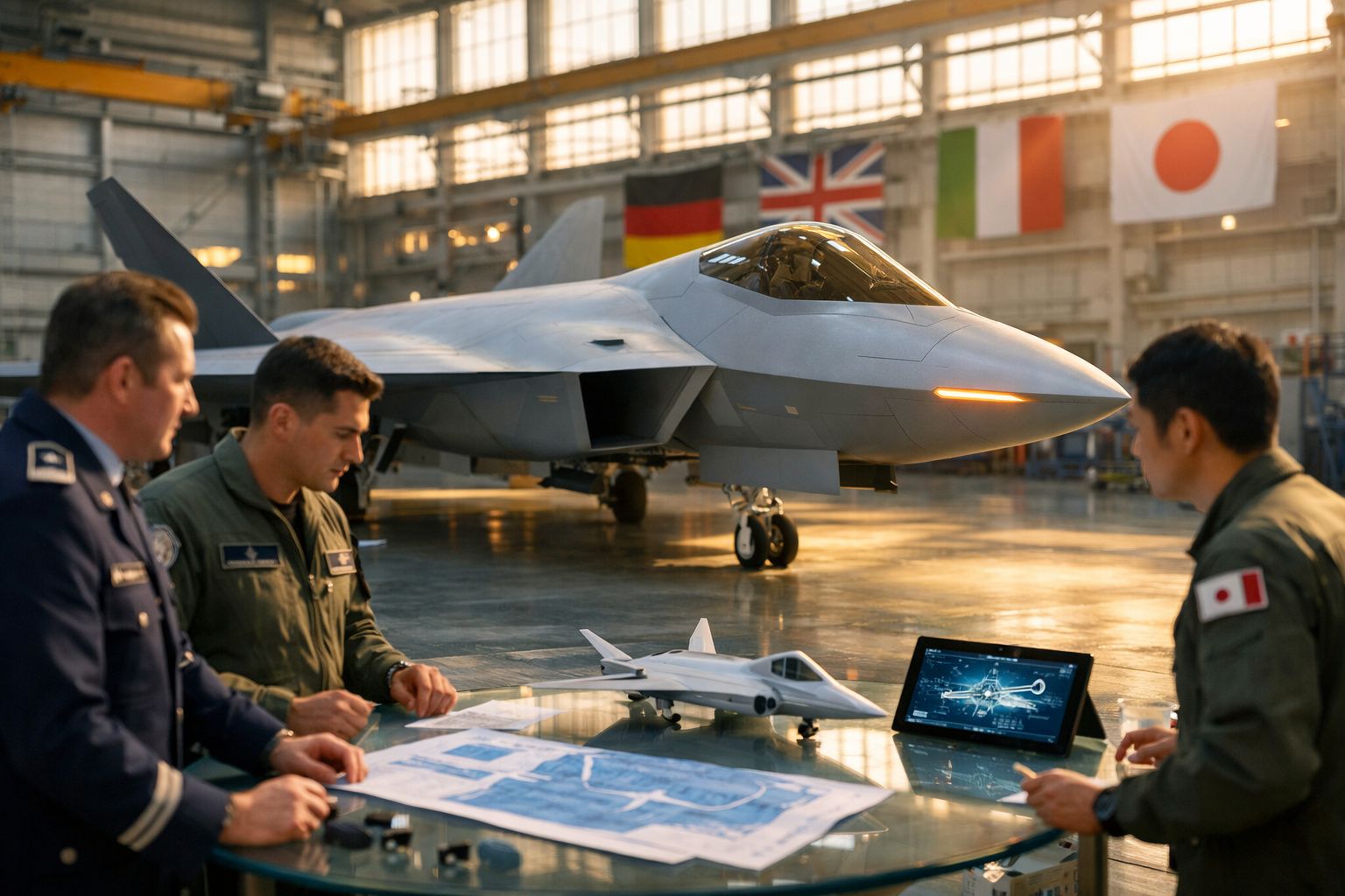 Três militares planeiam operações junto a jato de combate num hangar com bandeiras internacionais ao fundo.