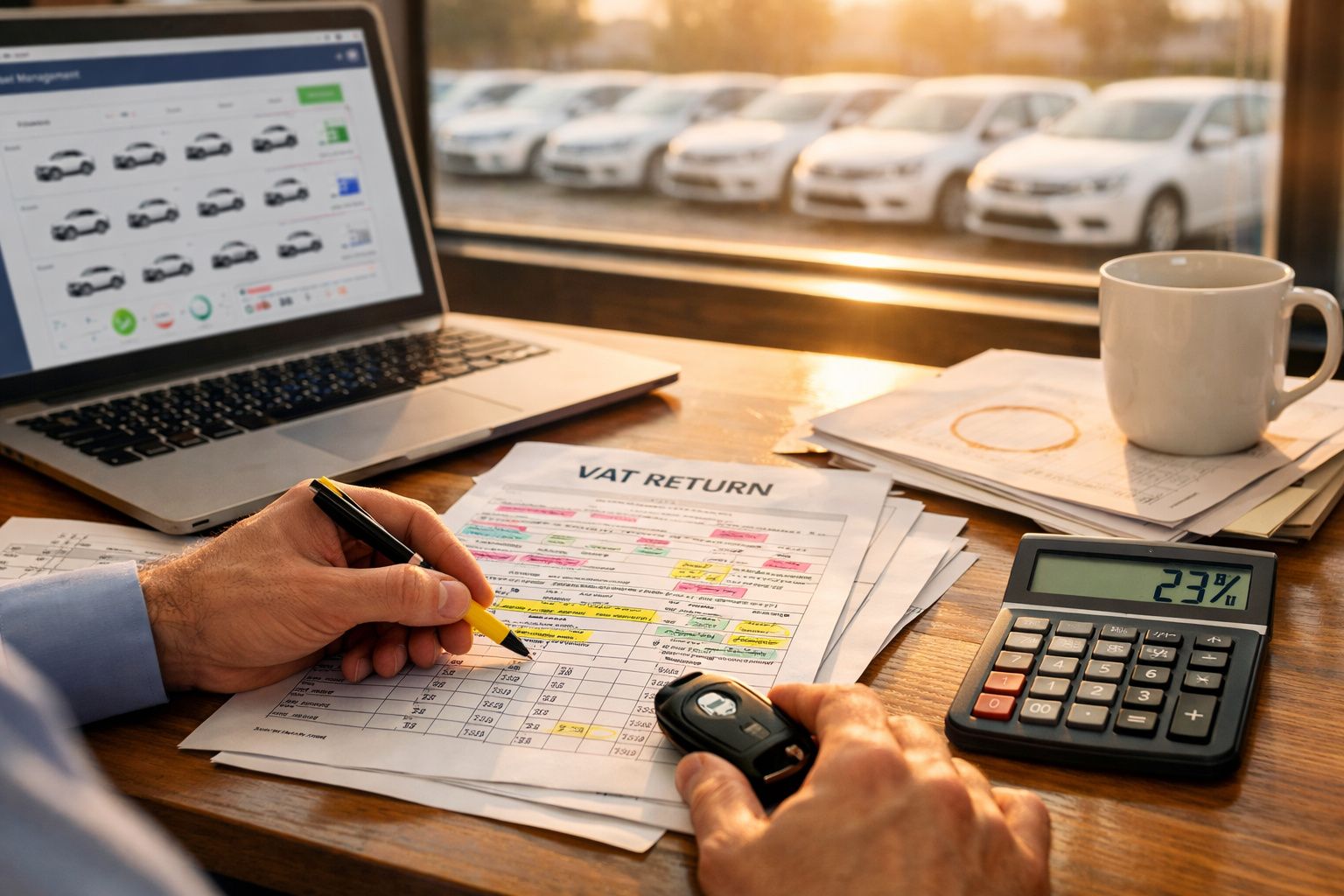 Pessoa a preencher declaração de IVA, com calculadora, computador e chaves de carro numa mesa de madeira.