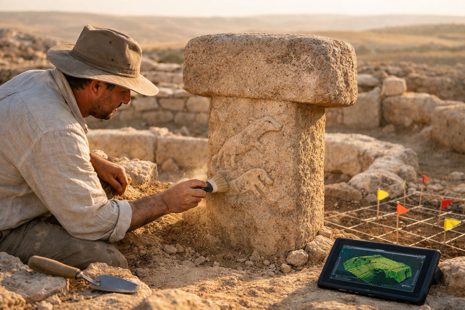 Arqueólogo a limpar gravações de animais numa pedra antiga durante escavação arqueológica.