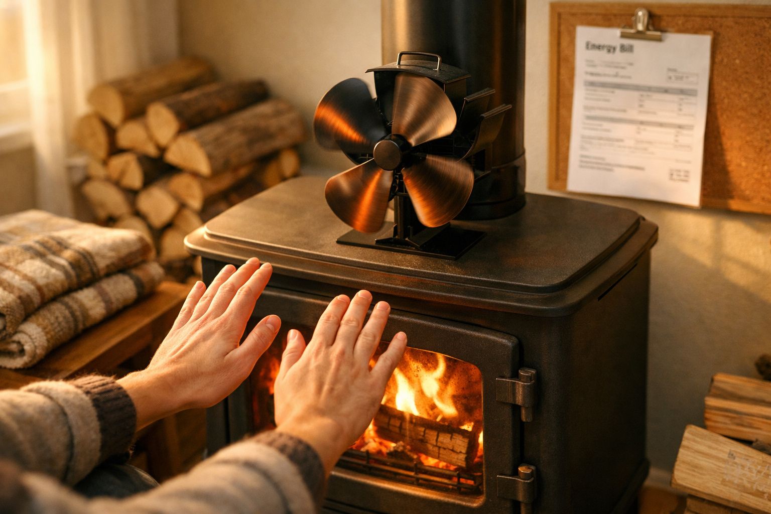 Duas mãos perto de uma lareira a lenha com ventilador metálico a aquecer ambiente acolhedor interior.