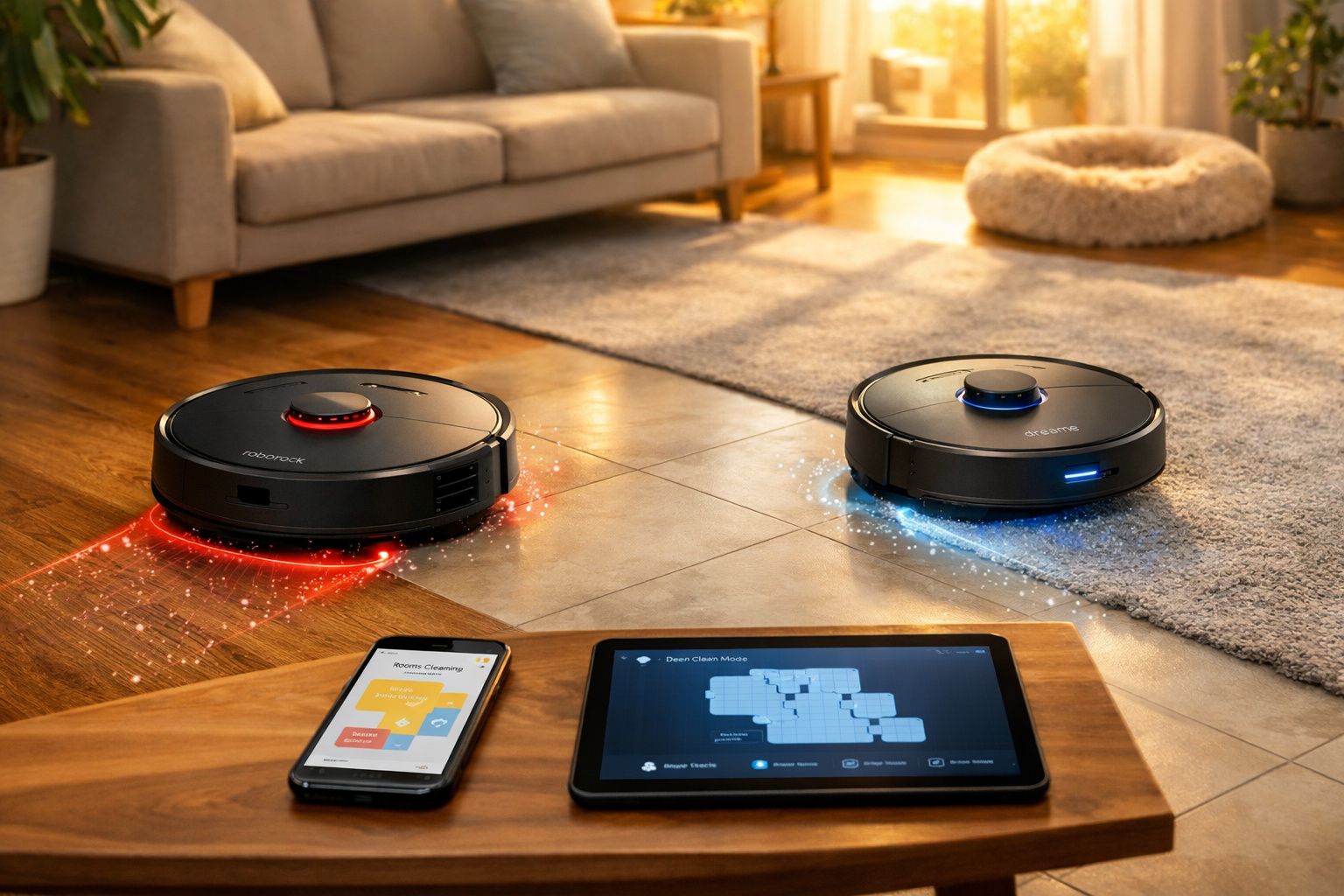 Dois robôs aspiradores a limpar piso e tapete numa sala, controlados por tablet e smartphone.