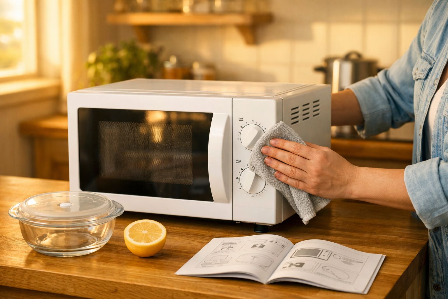 Pessoa a limpar o micro-ondas branco numa cozinha com pano cinza, ao lado de um limão, recipiente e manual.