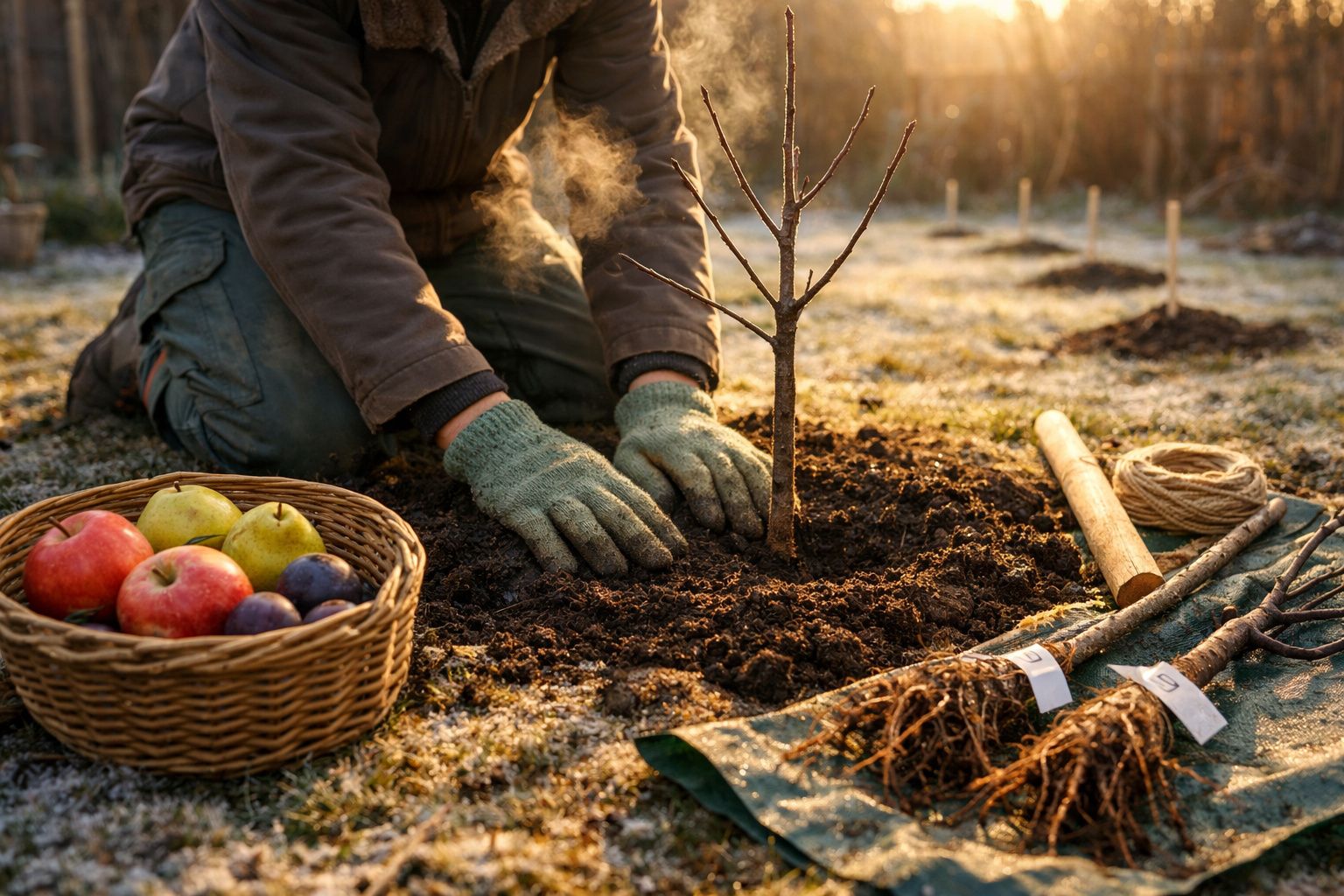 Pessoa com luvas a plantar árvore jovem em terreno com cesta de frutos e ferramentas à volta ao nascer do sol.