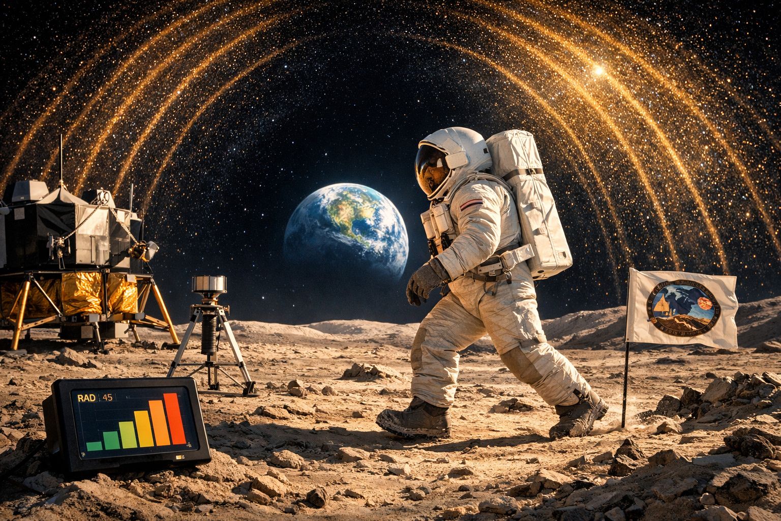 Astronauta a caminhar na superfície lunar com Terra ao fundo e equipamento de medição de radiação.