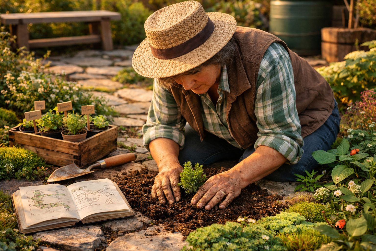 Mulher a plantar uma muda numa horta com livro de plantas e vasos de ervas aromáticas ao lado.