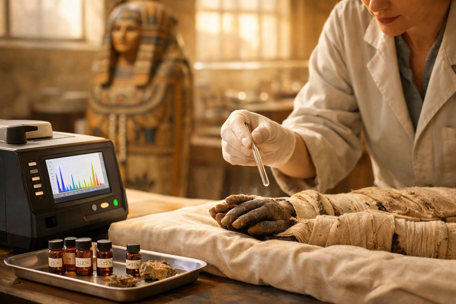 Cientista a analisar amostra de múmia com equipamento e frascos de laboratório num museu.