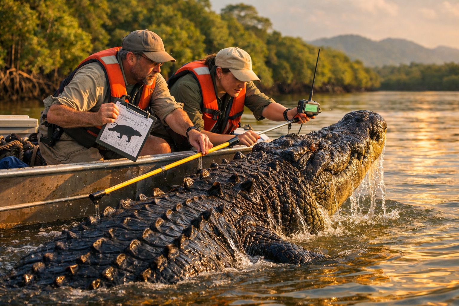 Duas pessoas num barco a estudar e marcar um crocodilo grande na água ao entardecer.