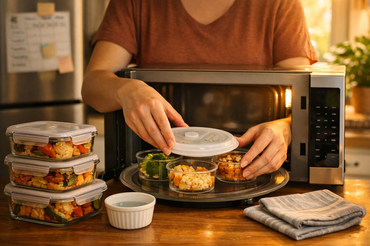 Pessoa a colocar tupperwares com comida no micro-ondas numa cozinha iluminada a luz natural.