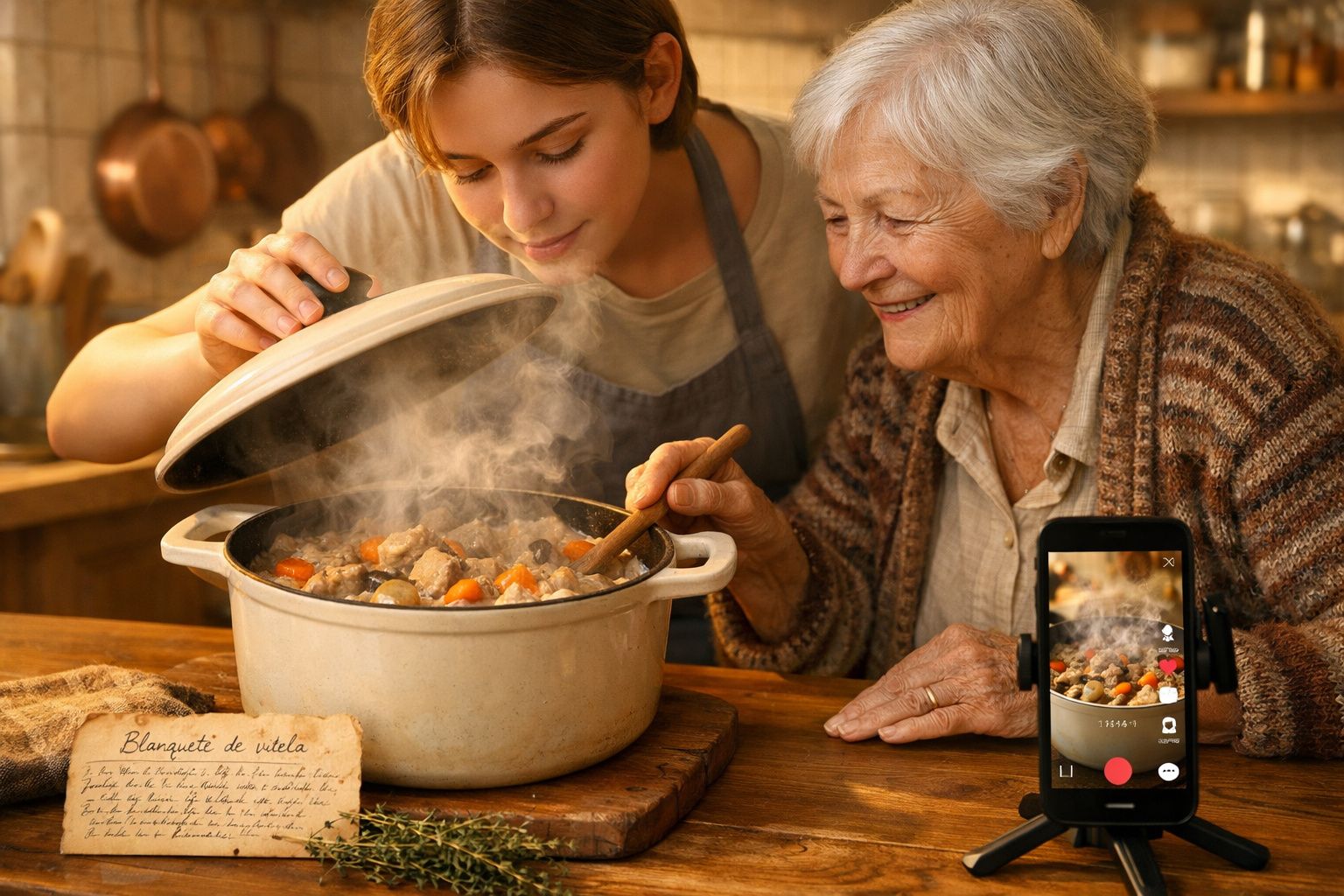 Mulher idosa e jovem cozinham juntas, filmando um guisado quente numa cozinha acolhedora.