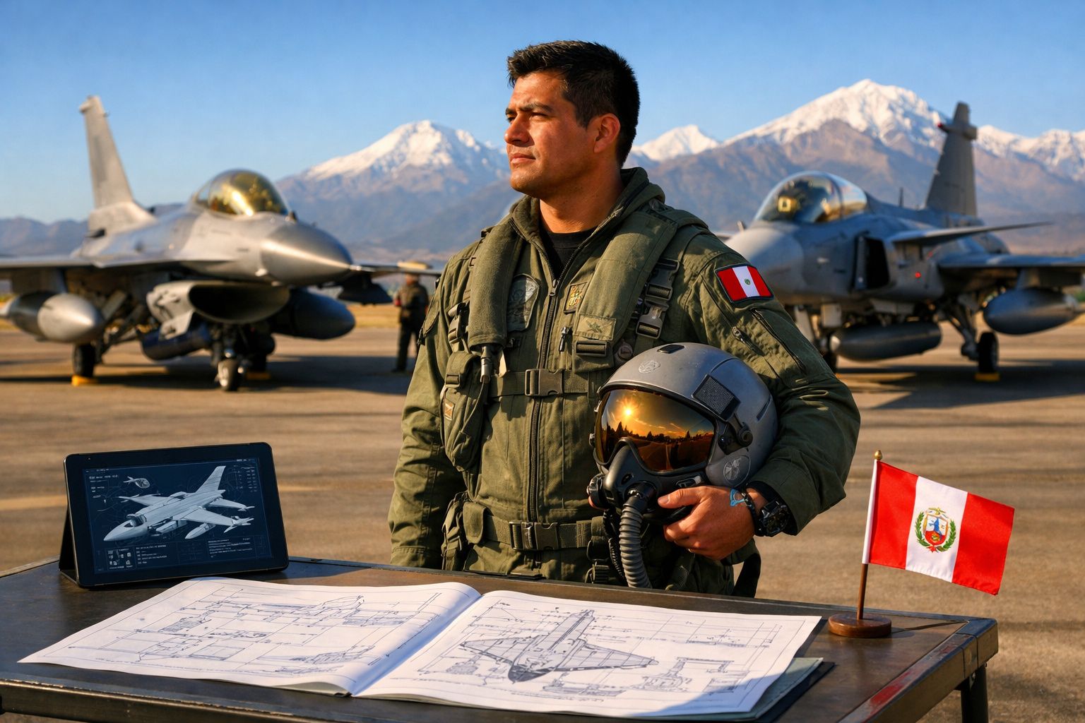 Piloto militar peruano com capacete, ao lado de mapas e dois aviões de combate, com montanhas ao fundo.