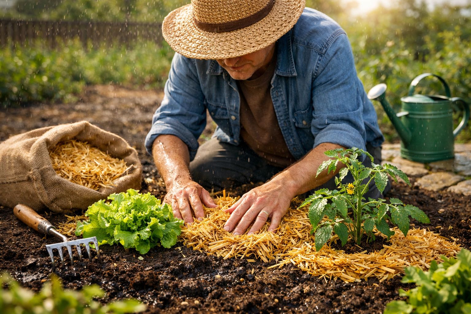 Homem a cobrir com palha planta de tomate num jardim, rega e alface ao lado.