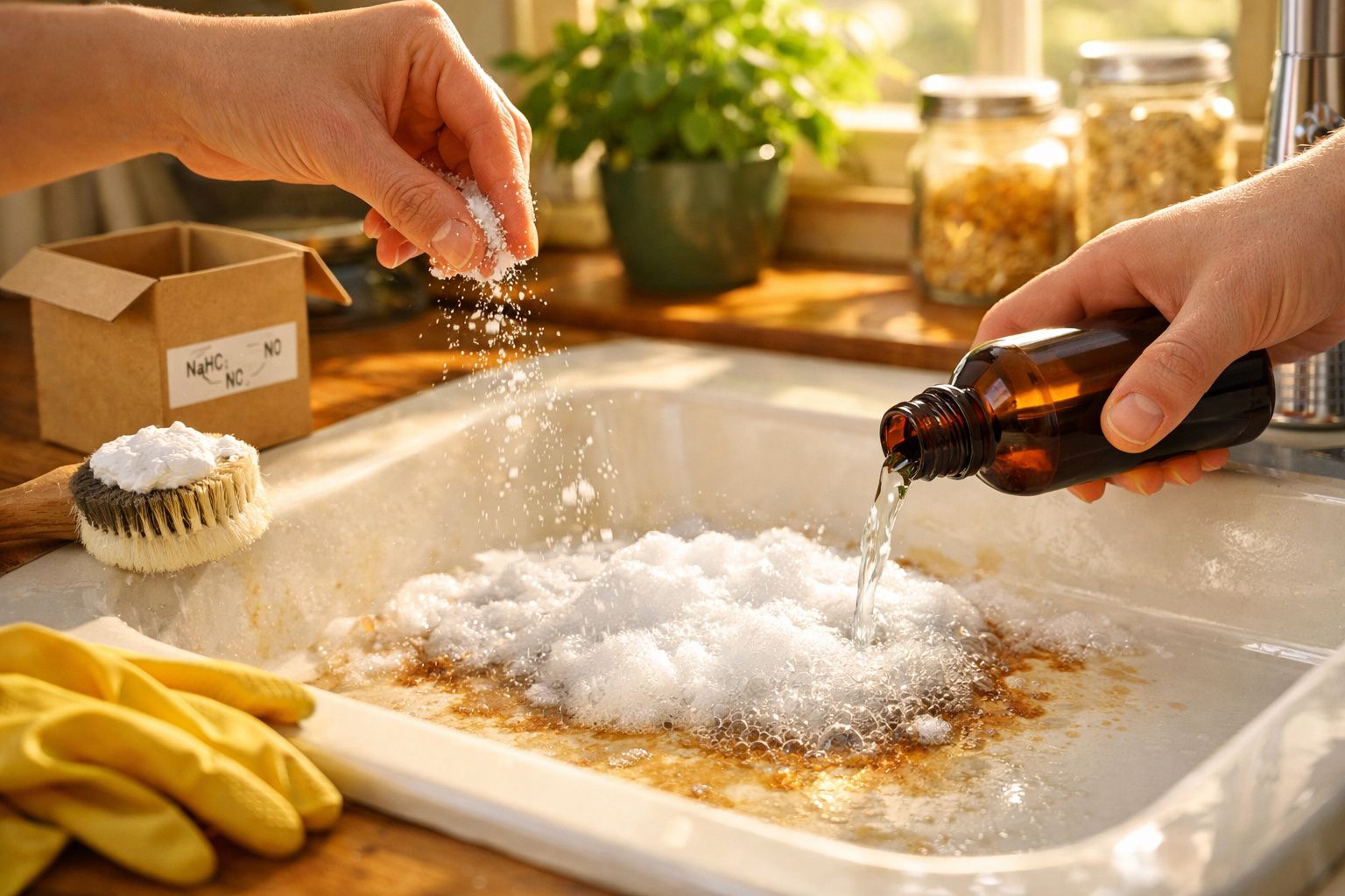 Mãos a adicionar bicarbonato de sódio e líquido a lava-loiça suja para limpeza profunda.