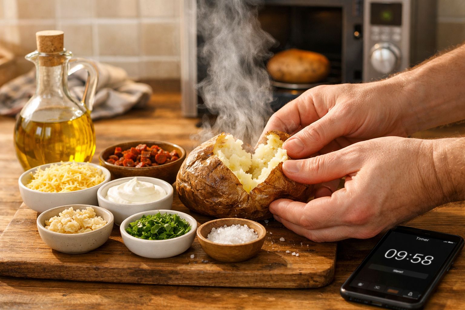Mãos a abrir batata assada quente com vários acompanhamentos como queijo, creme e ervas numa tábua.
