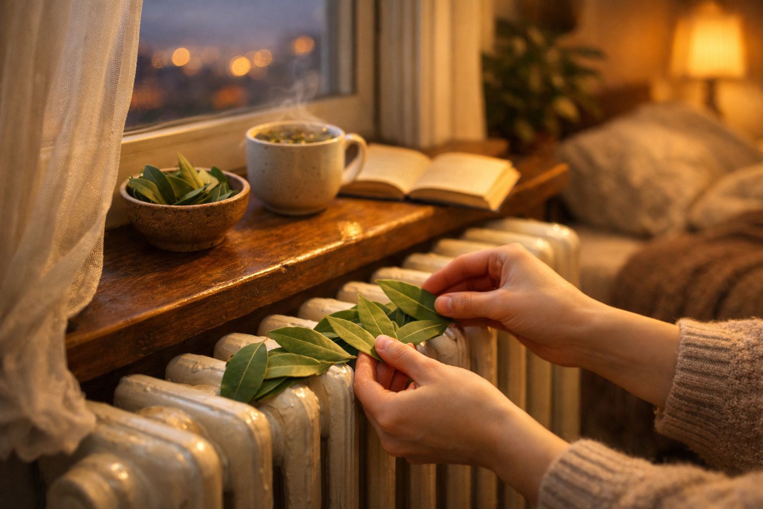 Mãos a colocar folhas verdes sobre um radiador antigo, com chá e livro numa mesa perto da janela ao anoitecer.