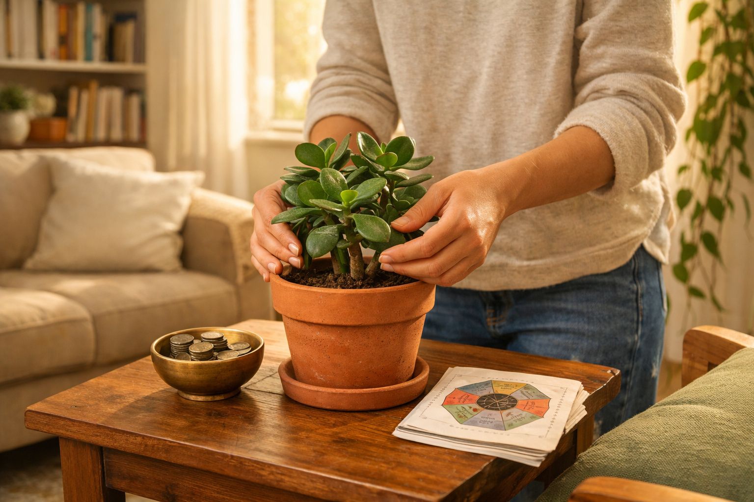 Pessoa a cuidar de planta suculenta em vaso de barro sobre mesa com moedas e desenho de feng shui.