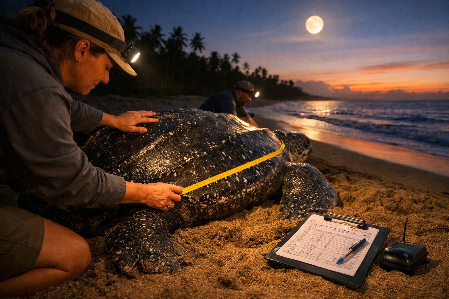 Investigadores medem uma tartaruga marinha na praia ao pôr do sol com equipamentos de estudo e bloco de notas.