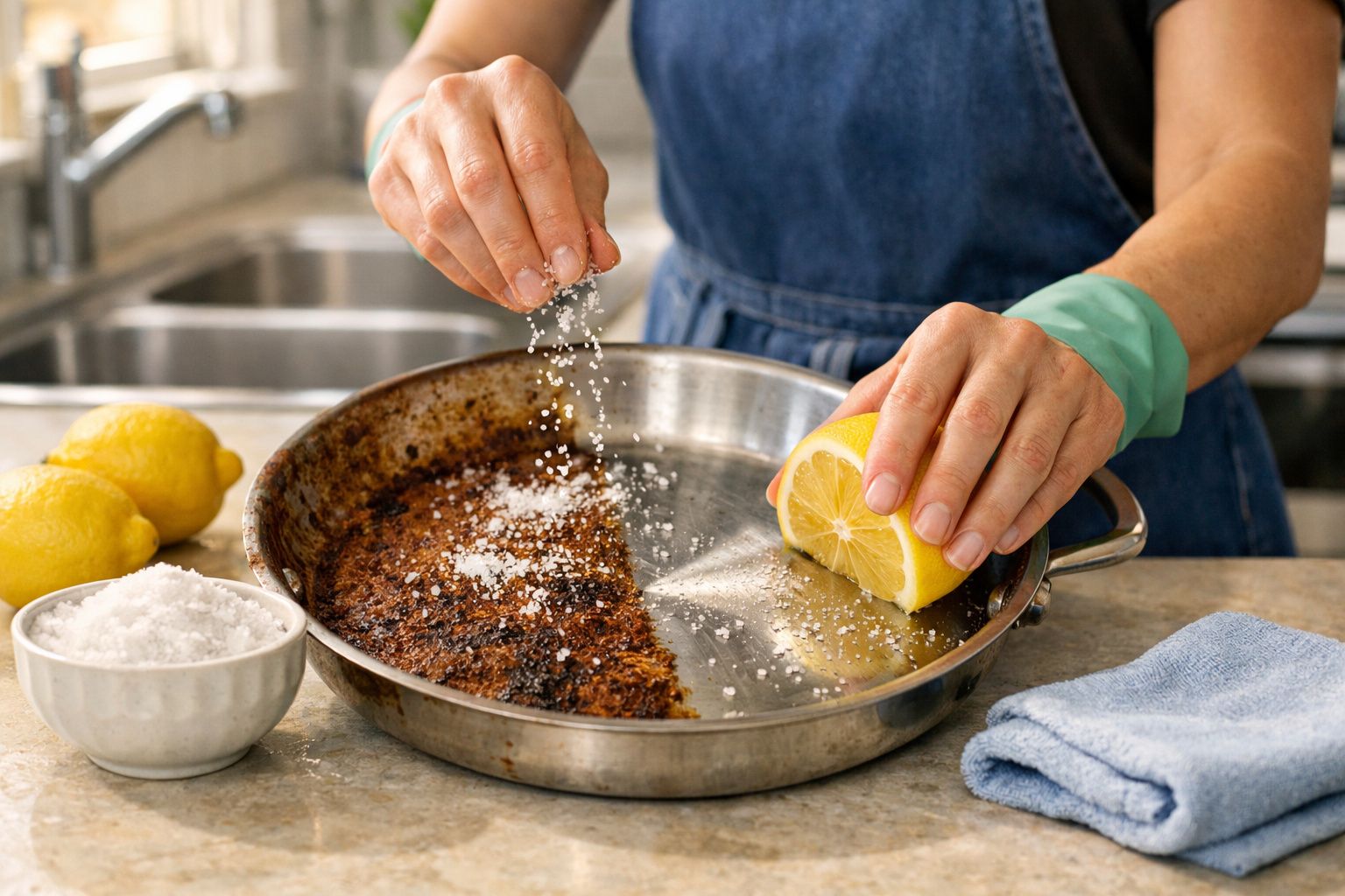 Pessoa a polvilhar sal e esfregar limão numa frigideira metálica com manchas de queimado.