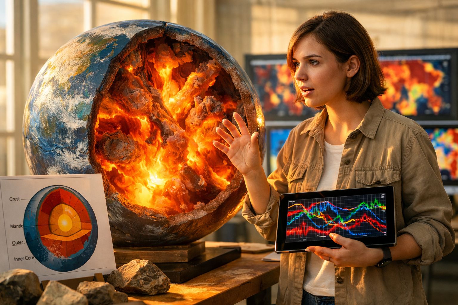 Mulher explica estrutura interna da Terra com modelo do planeta aberto e gráfico num tablet.