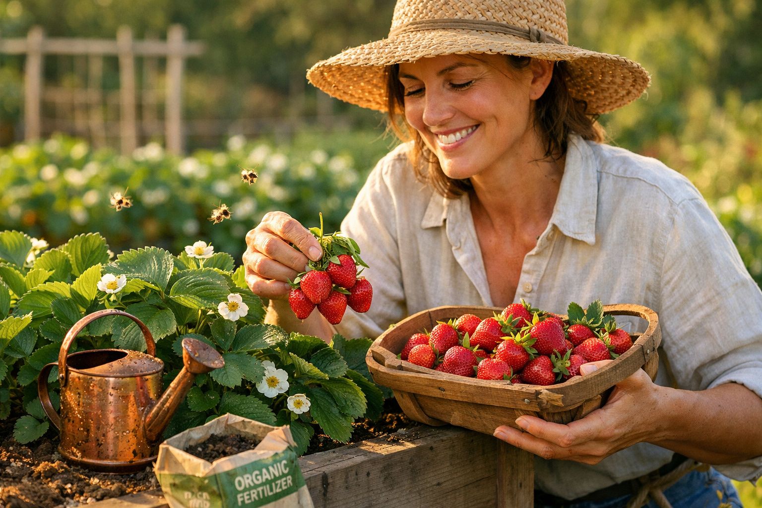 Mulher sorridente colhendo morangos num campo, com chapéu e regador ao lado.