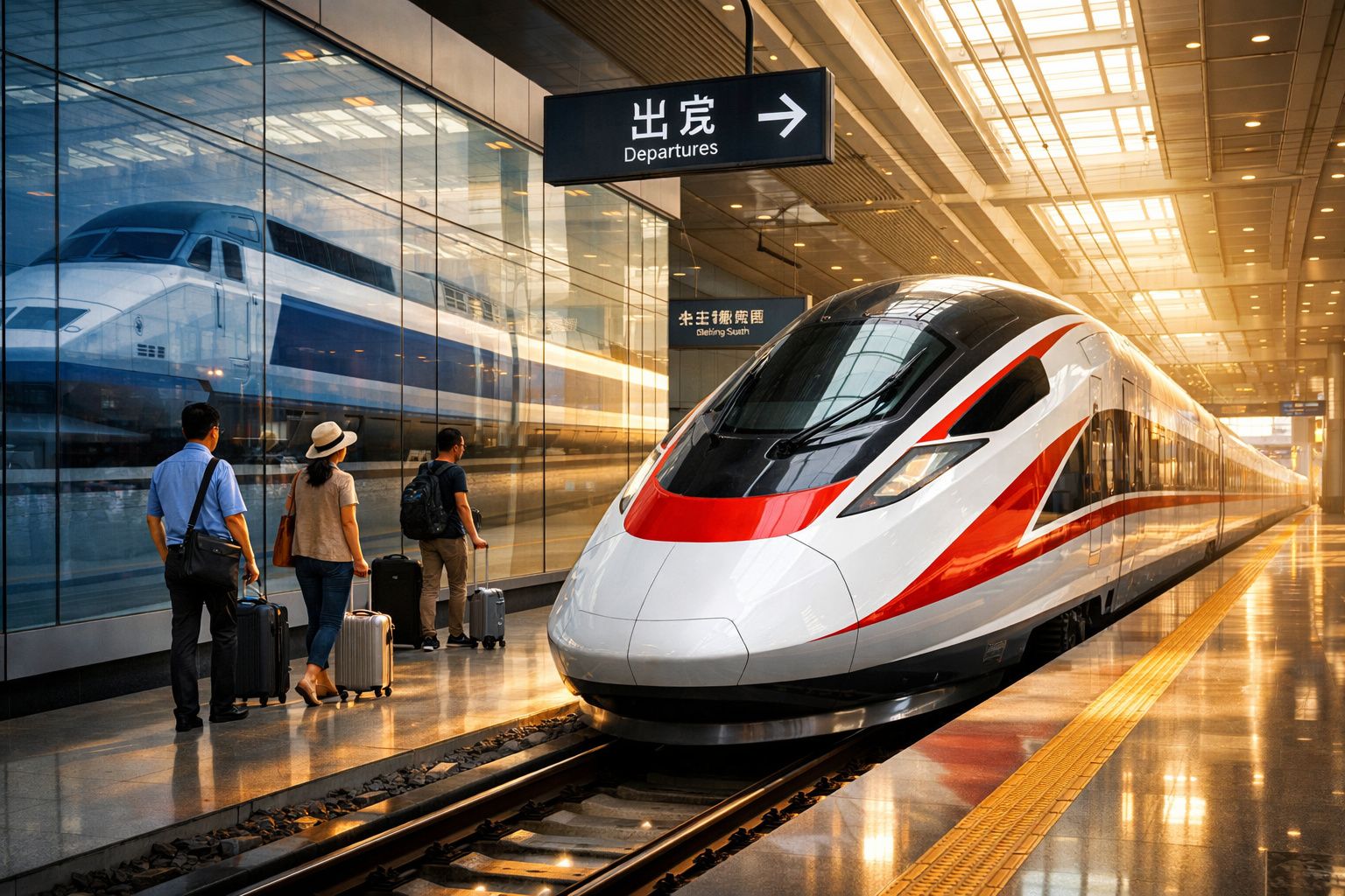 Comboio de alta velocidade na estação com passageiros e sinal de partidas em mandarim e inglês.