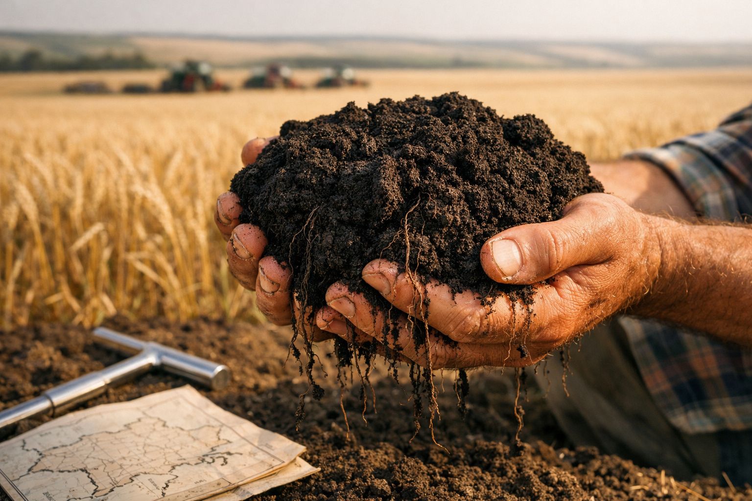 Mãos de agricultor seguram terra preta fértil, com campo de trigo e maquinaria agrícola ao fundo.