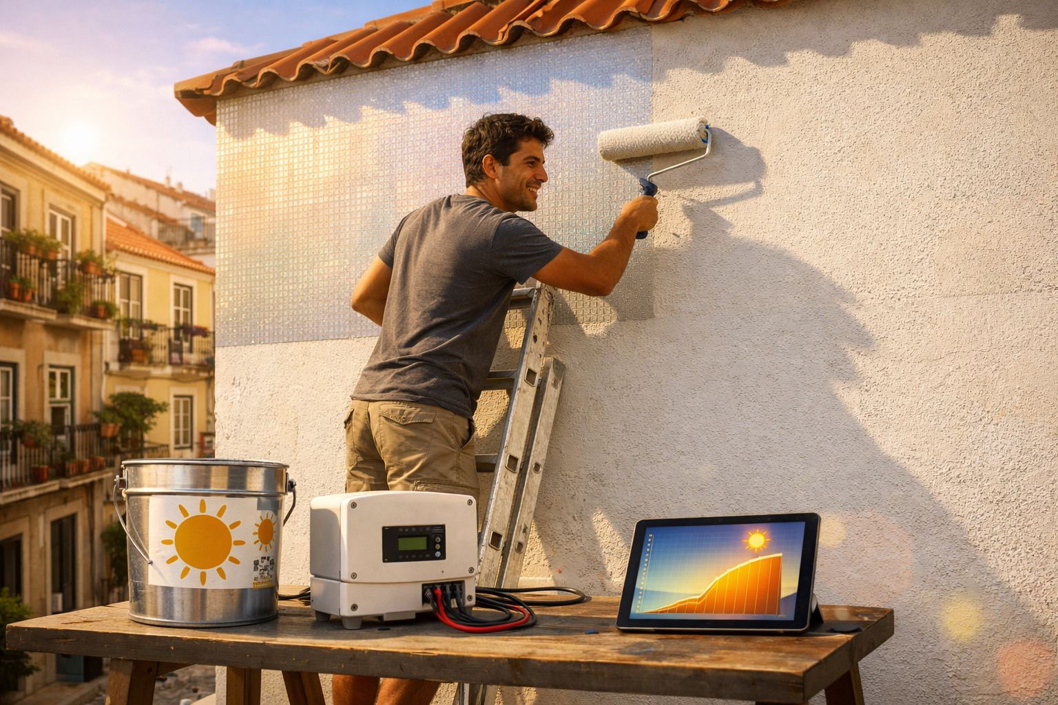Homem a pintar parede exterior com rolo, decoração solar e equipamento tecnológico numa varanda ao pôr do sol.