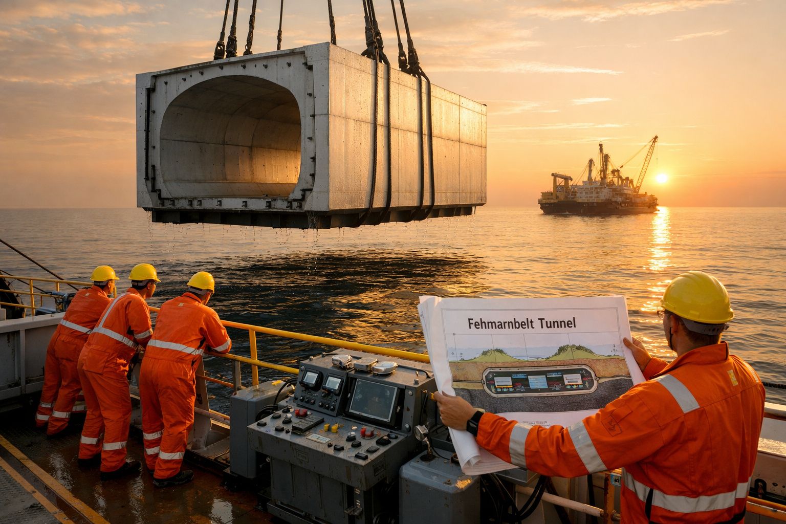 Trabalhadores em coletes e capacetes a observar a instalação subaquática de um túnel no mar ao pôr do sol.