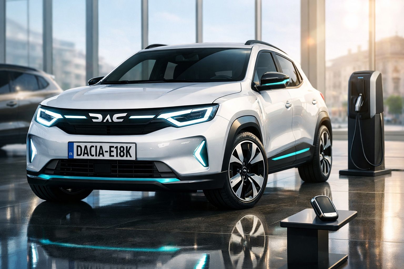 Carro elétrico branco Dacia E18K estacionado em showroom moderno com estação de carregamento.
