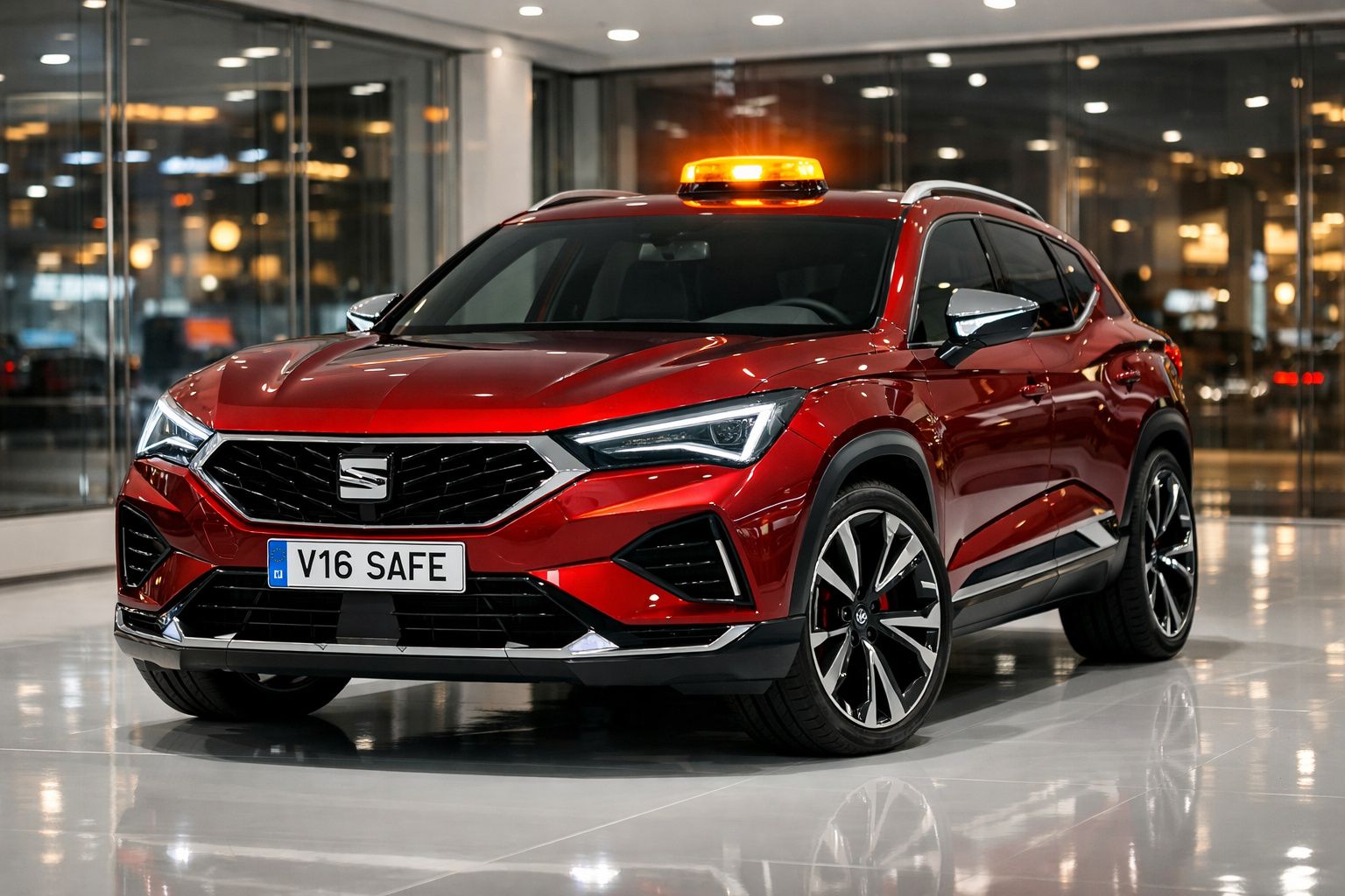 Carro SUV vermelho com luz de sinalização laranja no tejadilho, estacionado em ambiente interior moderno.