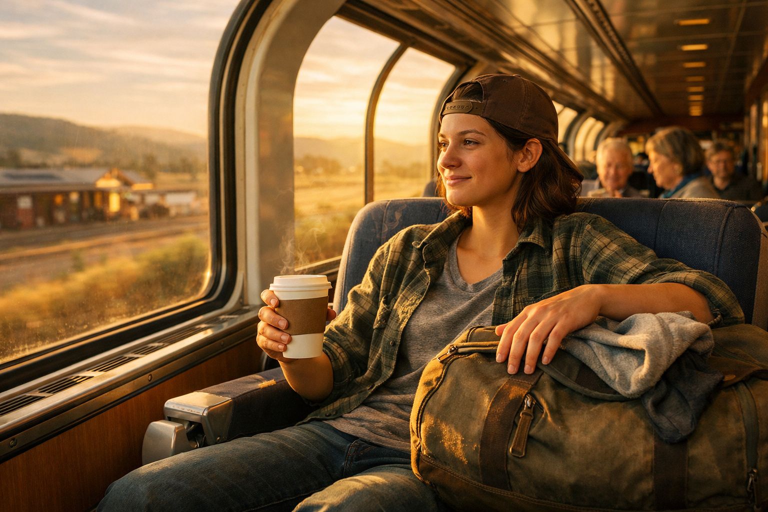 Jovem com boné e camisa às riscas sentada perto da janela do comboio a segurar um café e uma mochila.