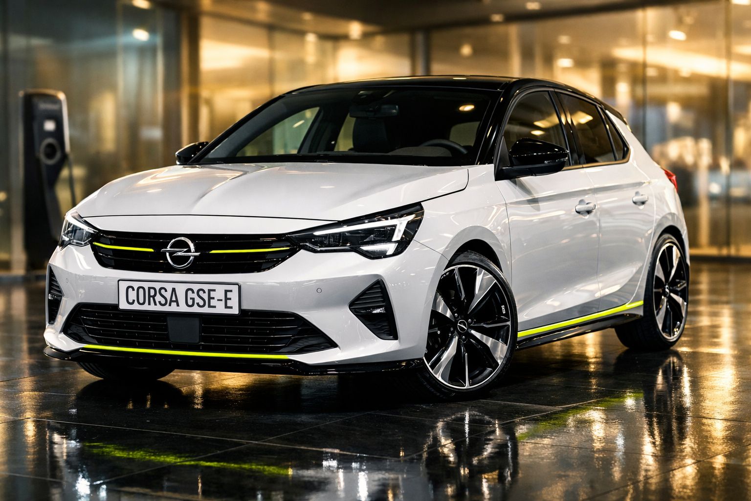 Pequeno carro branco Opel Corsa GSE-E estacionado em piso refletivo com fundo interior iluminado.
