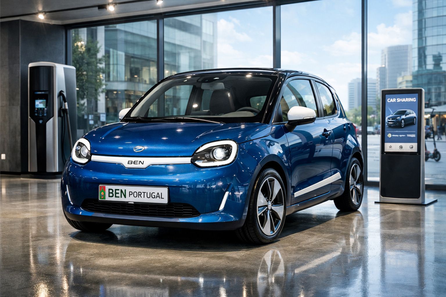 Carro elétrico azul estacionado numa loja moderna com posto de carregamento e sinal de car sharing.