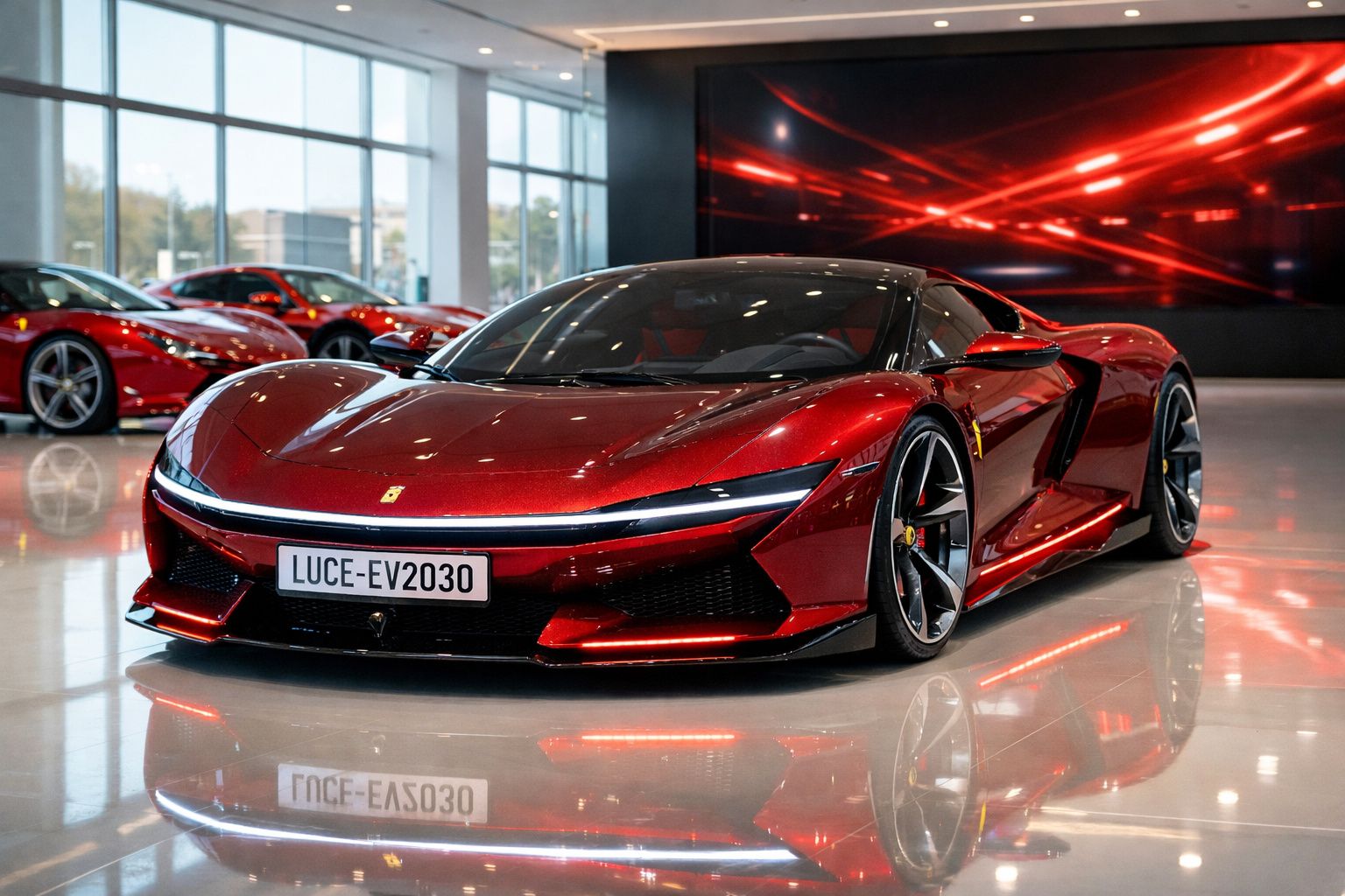 Carro desportivo elétrico vermelho Ferrari em exposição num showroom moderno e iluminado.