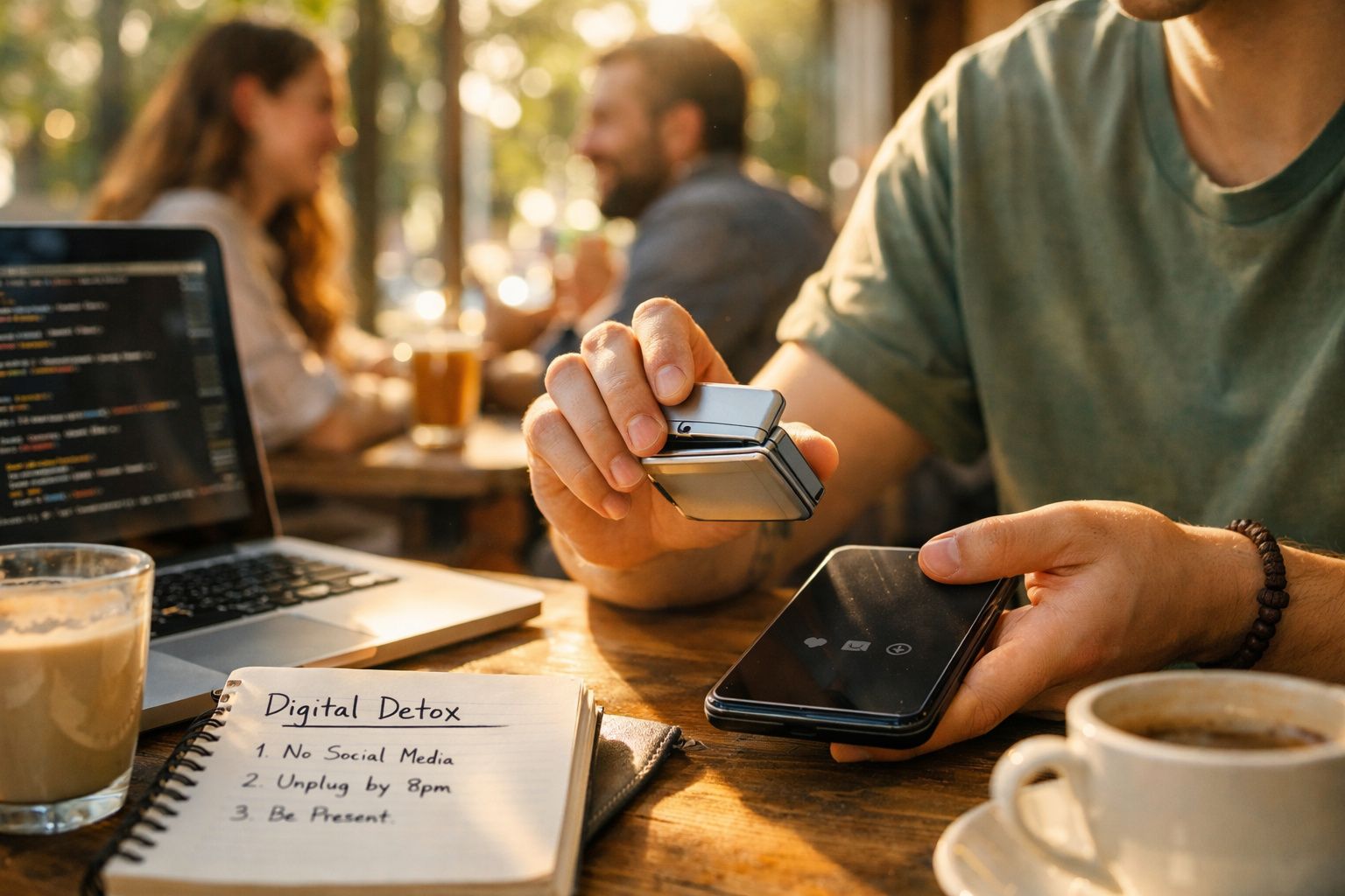 Pessoa a guardar smartphone num estojo metálico, com portátil, café e lista de detox digital numa mesa.