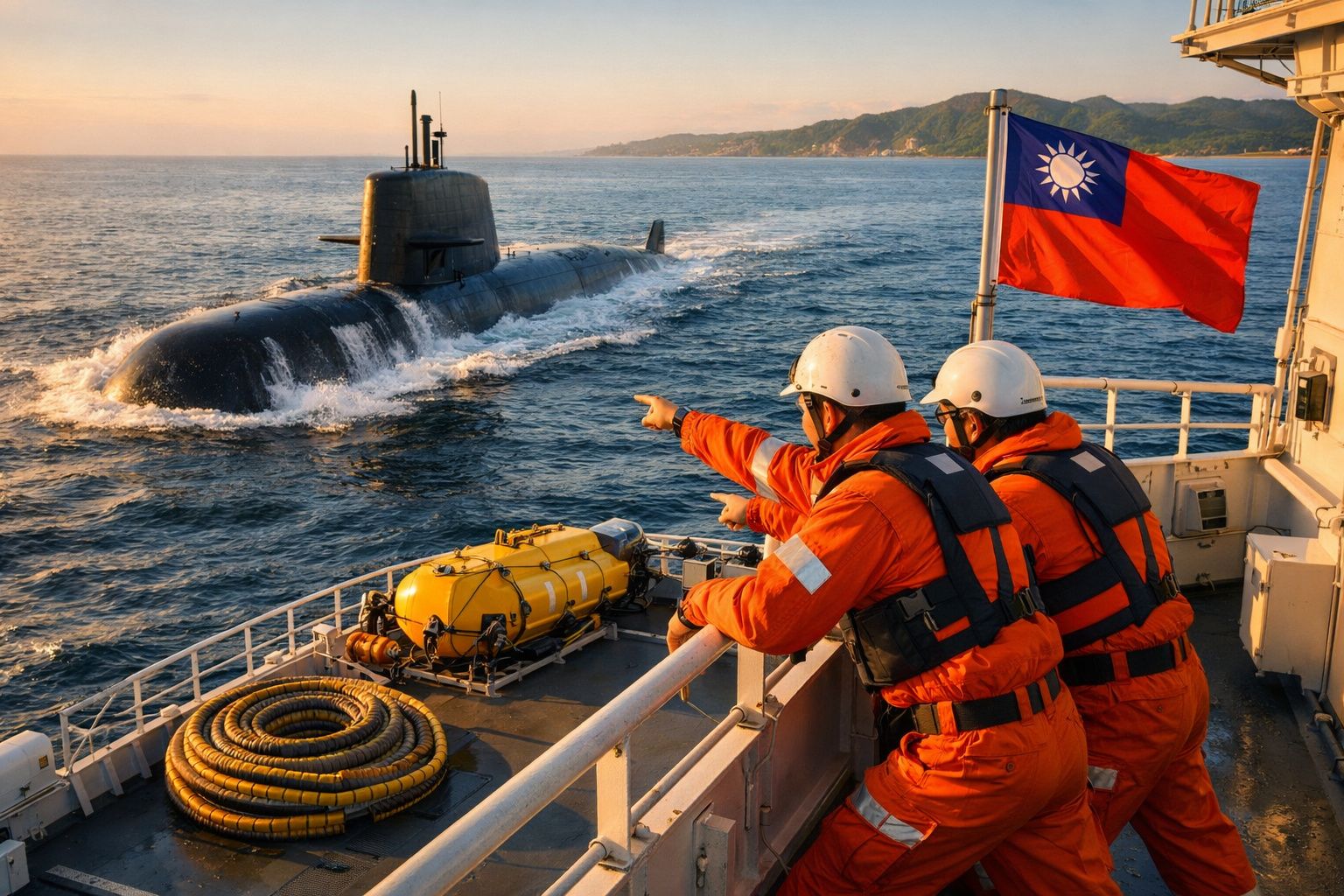 Dois militares com fato de salvação e capacete observam um submarino a emergir no mar ao pôr do sol.