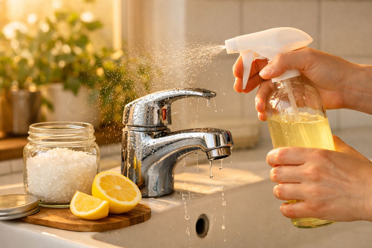Mãos a borrifar solução de limpeza natural com limão perto de torneira e frasco de sal grosso numa cozinha.