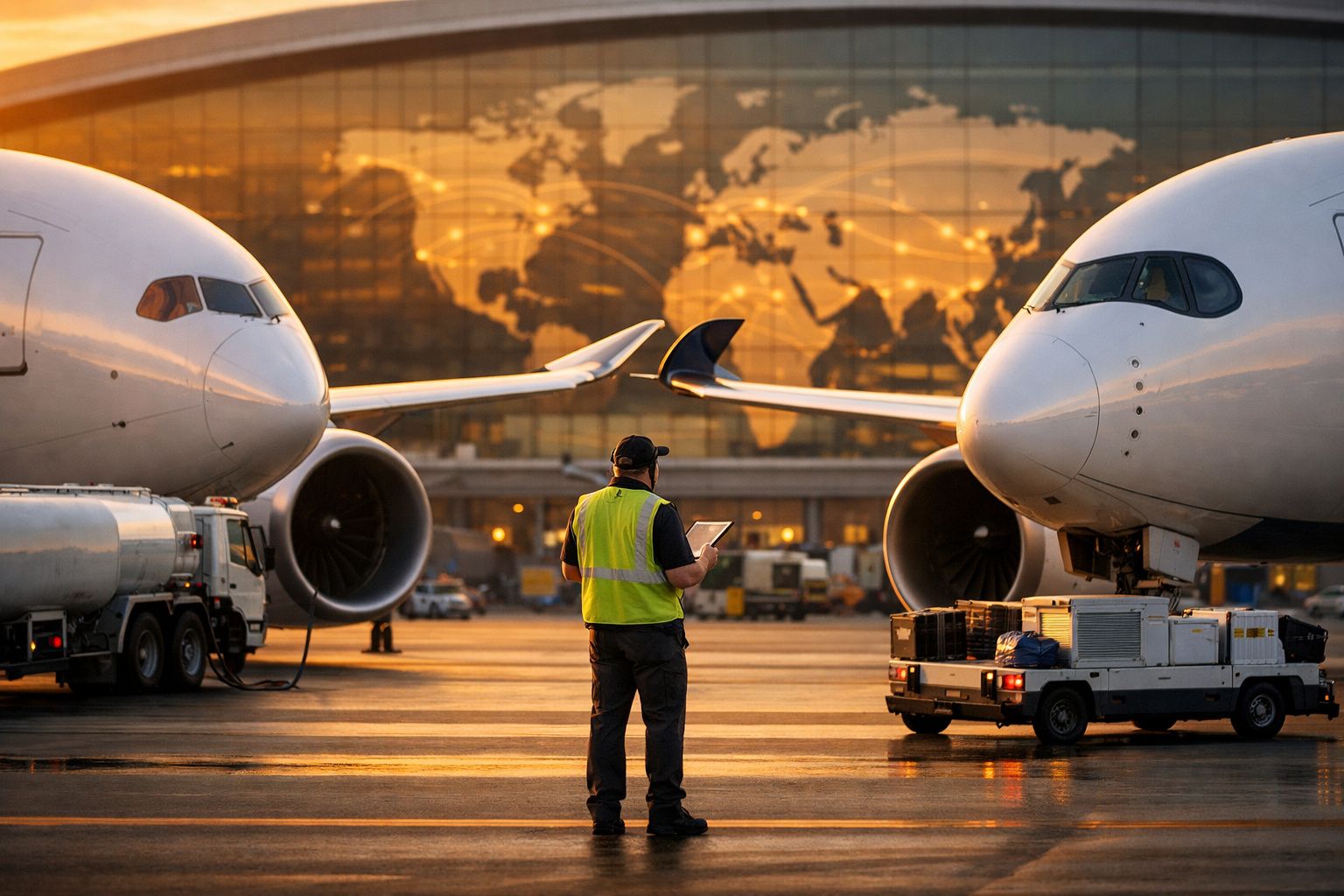 Funcionário do aeroporto entre dois aviões com mapa-múndi iluminado ao fundo durante o pôr do sol.