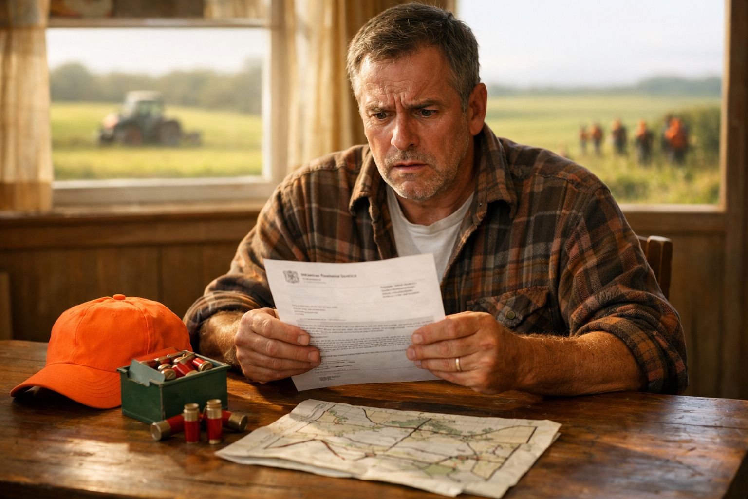 Homem preocupado lê carta sentado à mesa com cartucho de caça, boné e mapa numa casa de campo.
