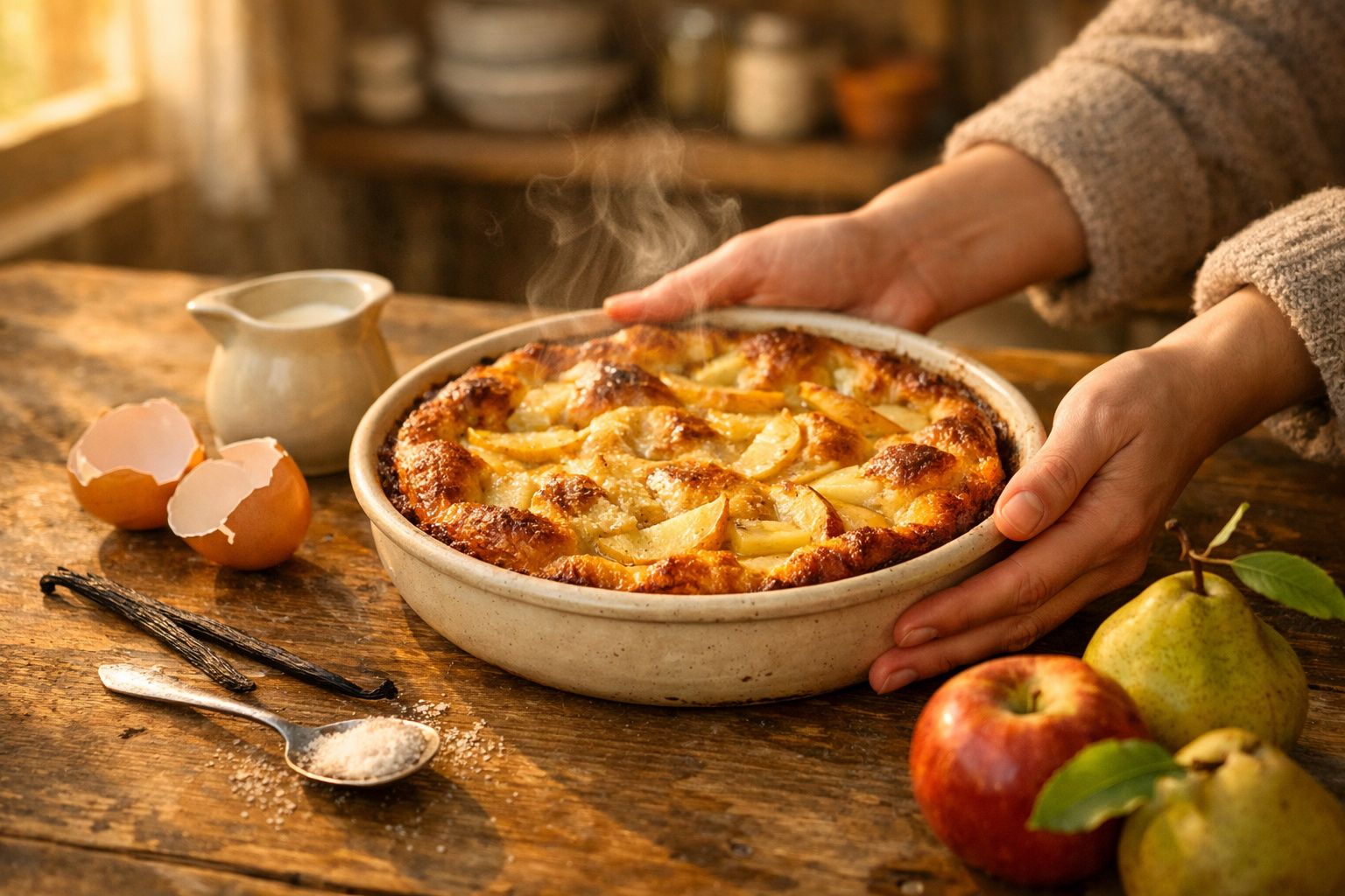 Mãos a segurar uma tarte de maçã quente, com casca dourada, numa tigela rústica sobre mesa de madeira.