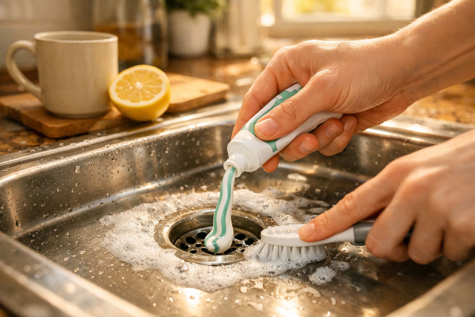 Mãos a aplicar pasta de dentes num pequeno escovilhão para limpar o ralo da pia da cozinha.