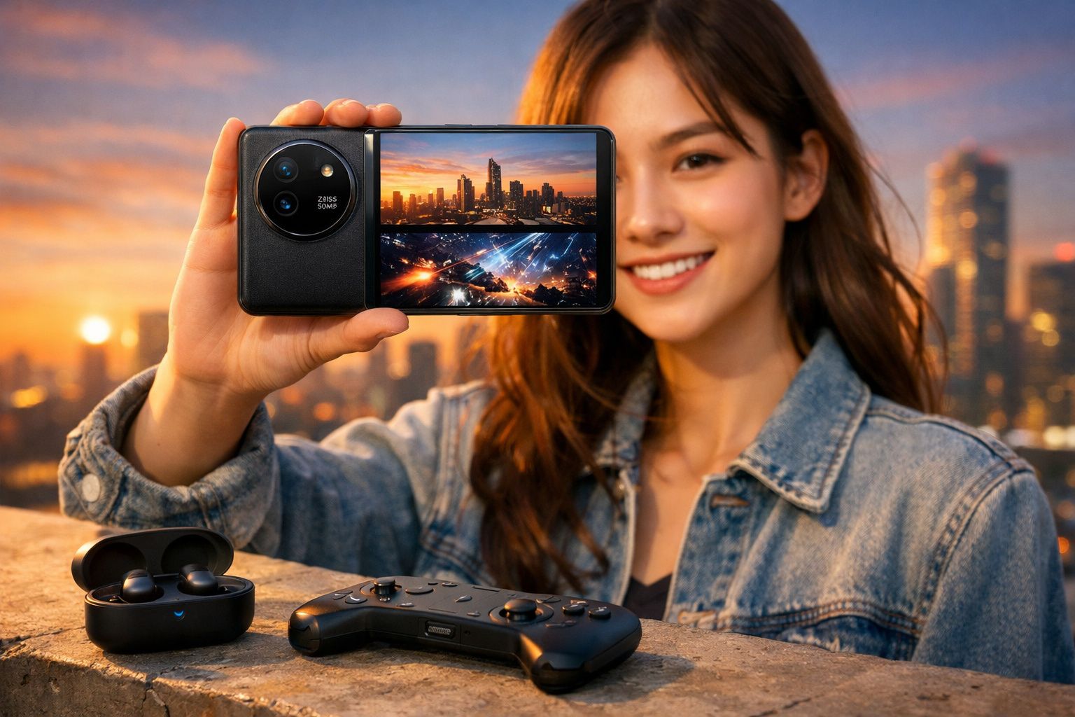 Mulher sorridente mostra telemóvel com fotos de cidade ao pôr do sol, rodeada por acessórios tecnológicos.