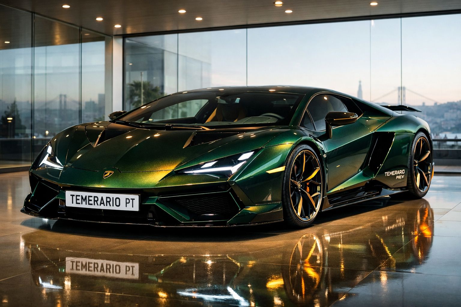 Carro desportivo verde metálico estacionado num interior moderno com reflexos no chão polido.