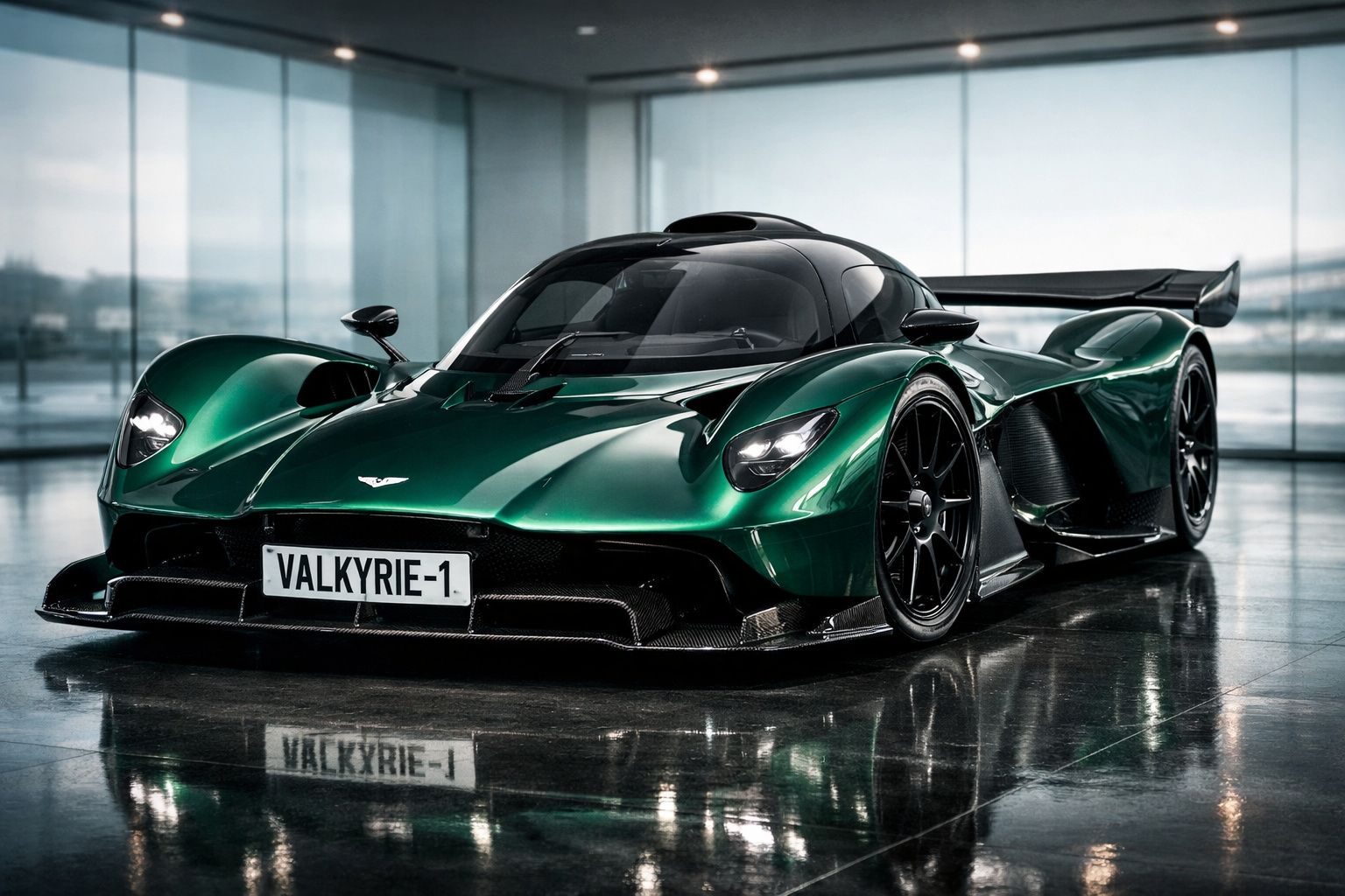 Carro desportivo verde metálico Aston Martin Valkyrie estacionado em chão brilhante, interior moderno ao fundo.