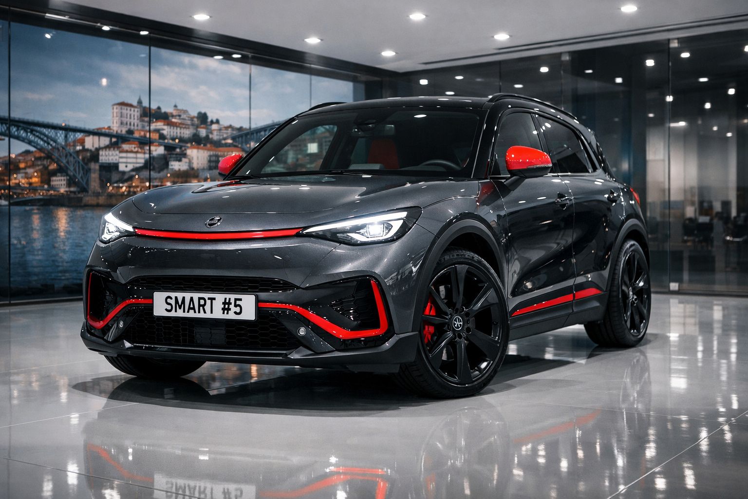 Carro SUV compacto cinzento com detalhes vermelhos em exposição dentro de showroom moderno.